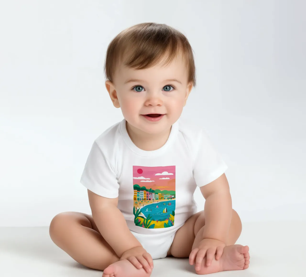 Sunny Seaside Segelboote Kurzarm Babybody von Chroma Haven