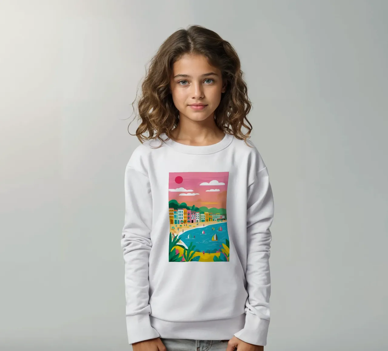 Sunny Seaside Sailboats kids sweatshirt by Chroma Haven