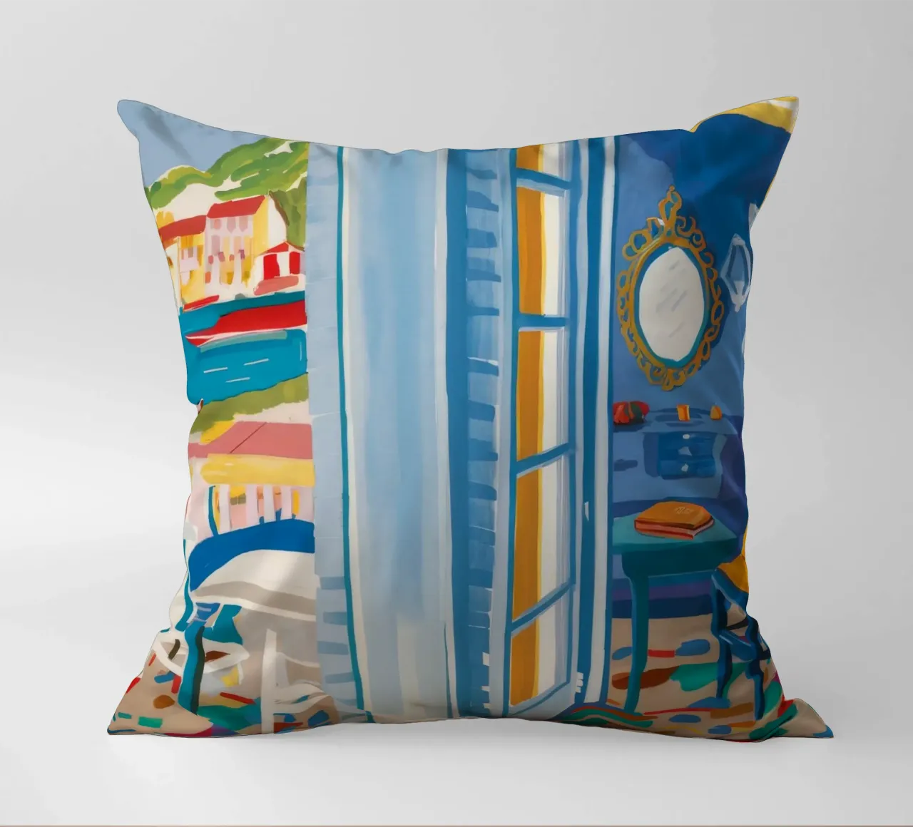 Intrigo di porte blu cuscino da Chroma Haven
