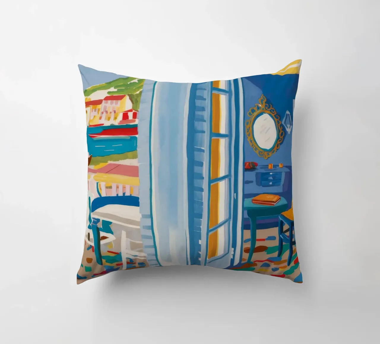 Intrigo di porte blu cuscino da Chroma Haven