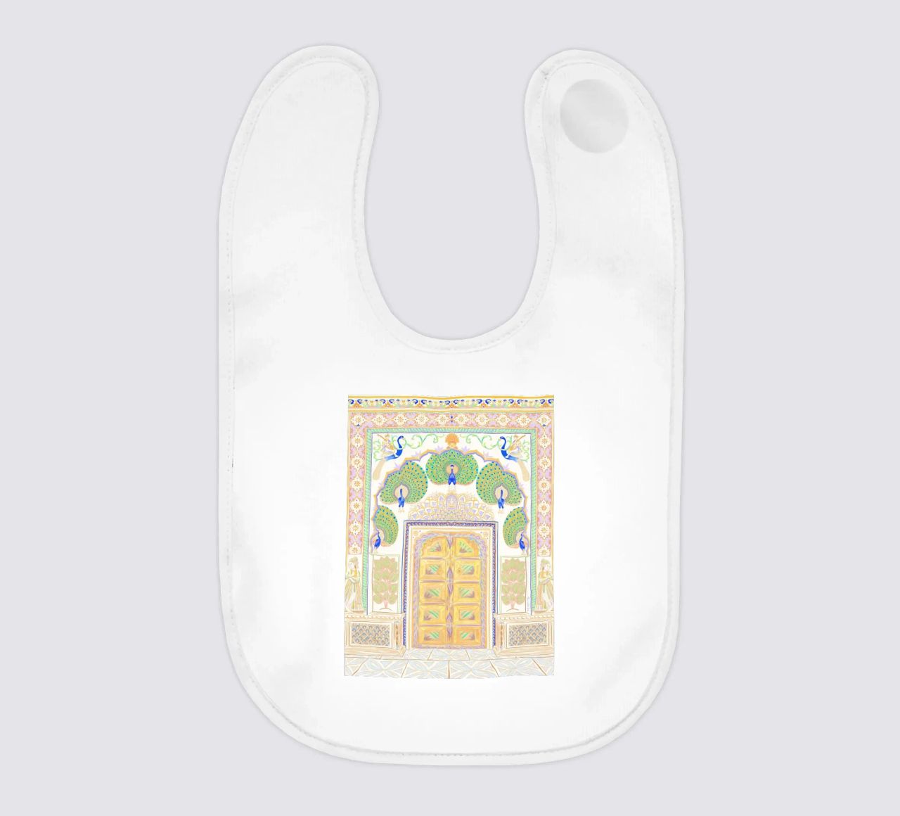 Peacock Gate - Jaipur India, colourful Architecture Doorway baby bib by This Wild Soul - Illustration