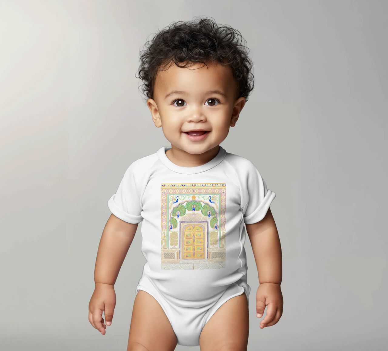Peacock Gate - Jaipur India, colourful Architecture Doorway short-sleeve baby romper by This Wild Soul - Illustration