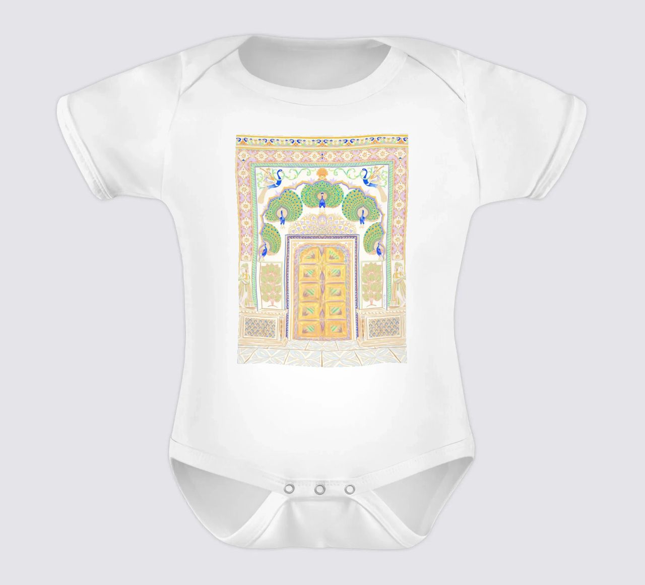Peacock Gate - Jaipur India, colourful Architecture Doorway short-sleeve baby romper by This Wild Soul - Illustration