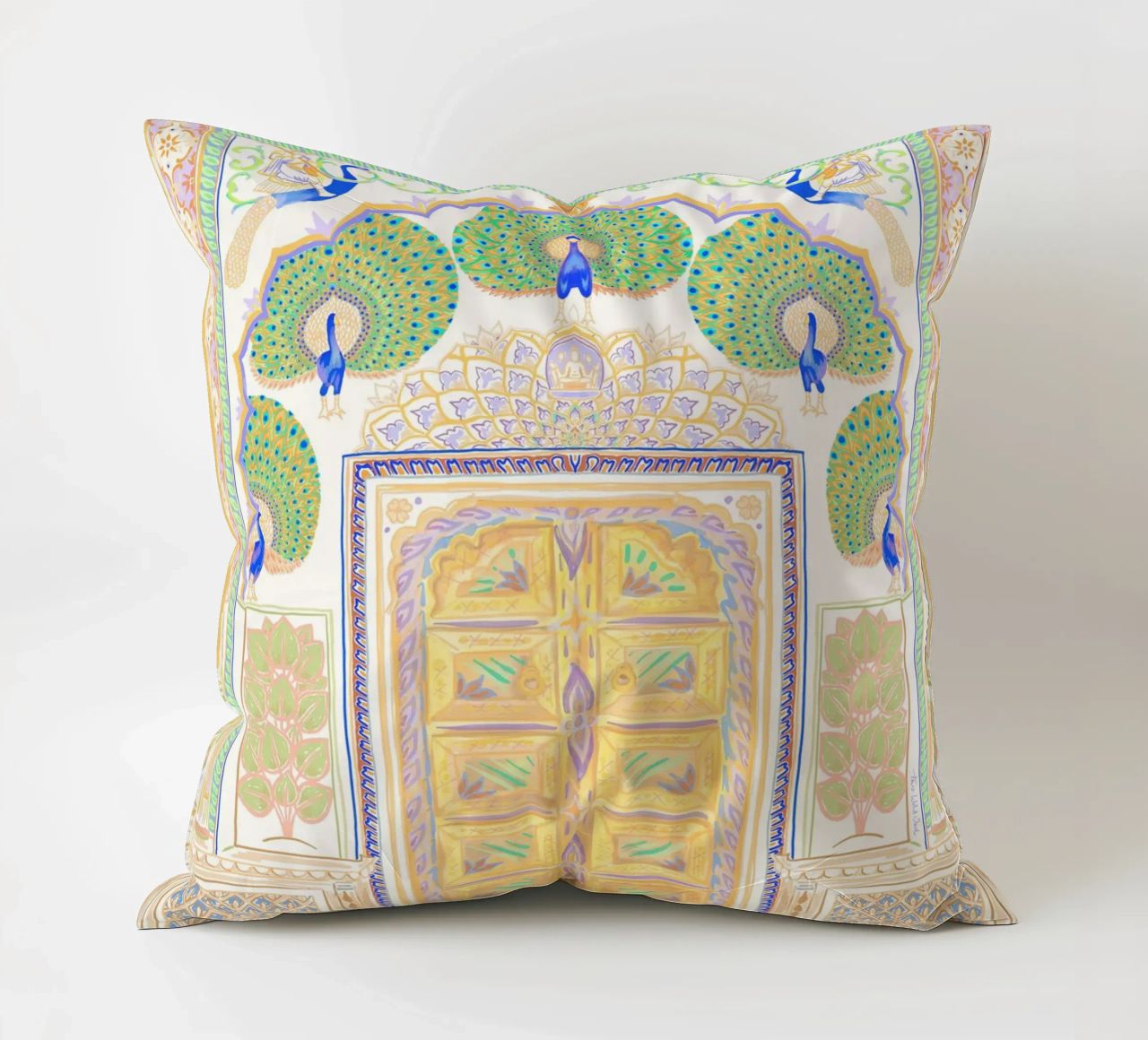 Peacock Gate - Jaipur India, colourful Architecture Doorway decorative cushion by This Wild Soul - Illustration