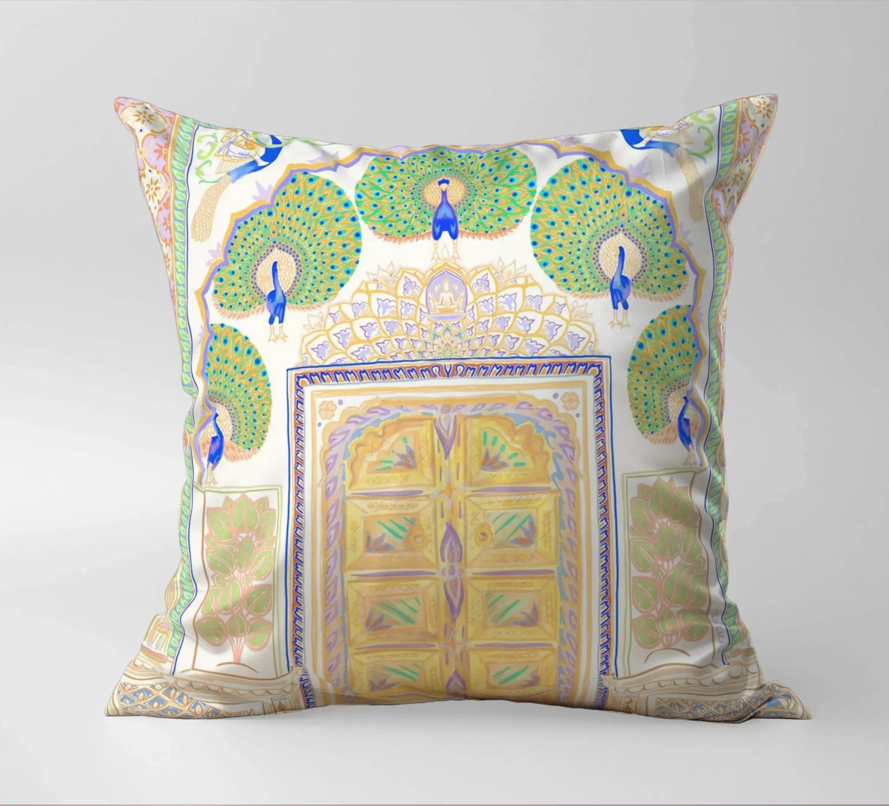 Peacock Gate - Jaipur India, colourful Architecture Doorway decorative cushion by This Wild Soul - Illustration