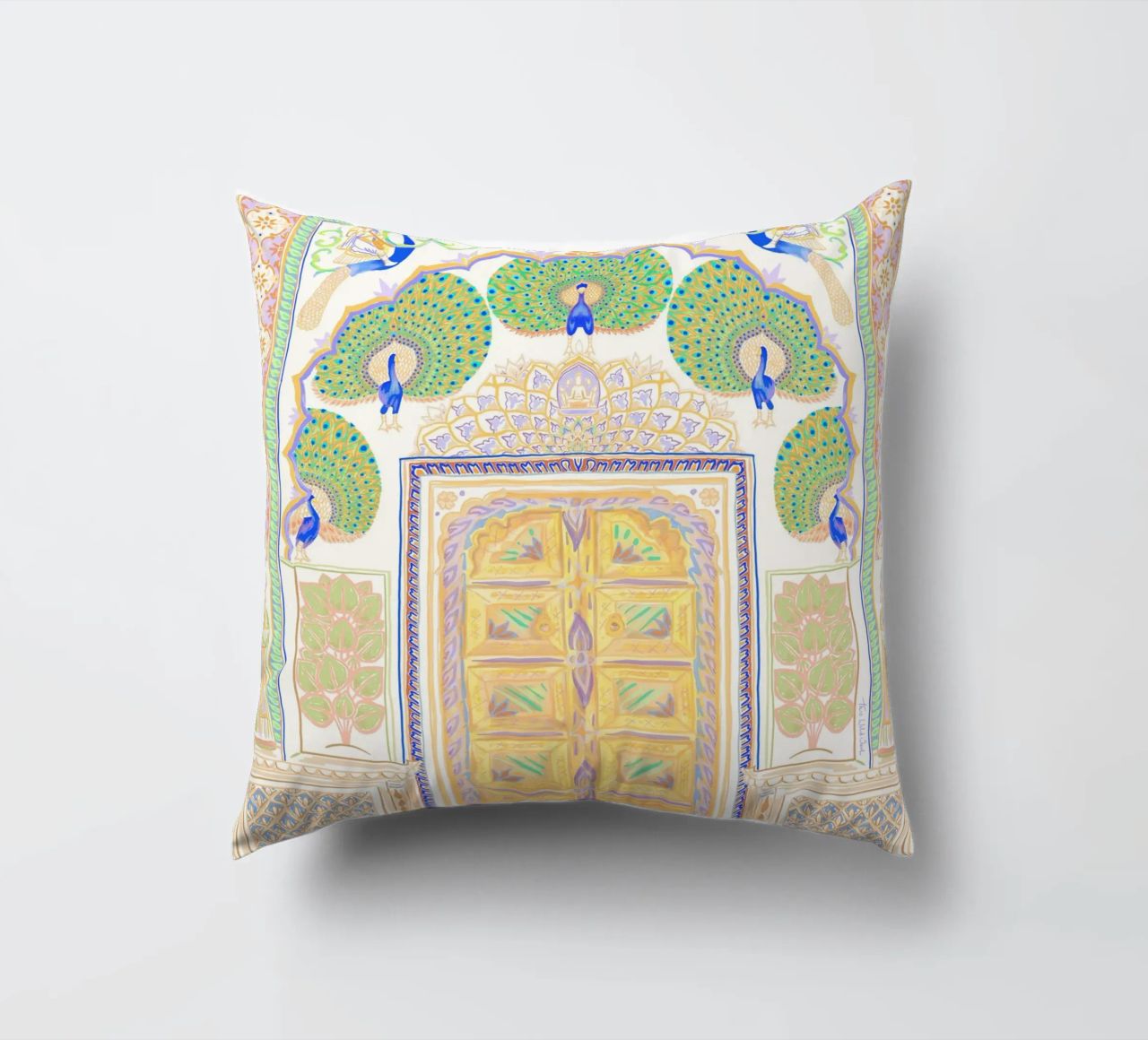 Peacock Gate - Jaipur India, colourful Architecture Doorway decorative cushion by This Wild Soul - Illustration