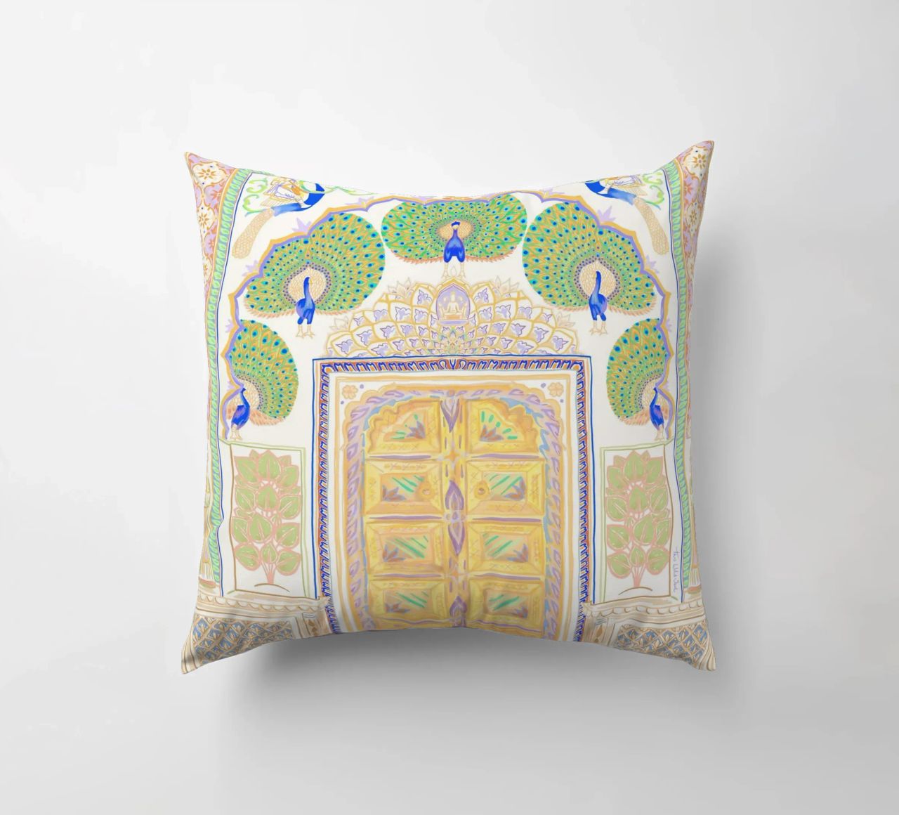 Peacock Gate - Jaipur India, colourful Architecture Doorway decorative cushion by This Wild Soul - Illustration