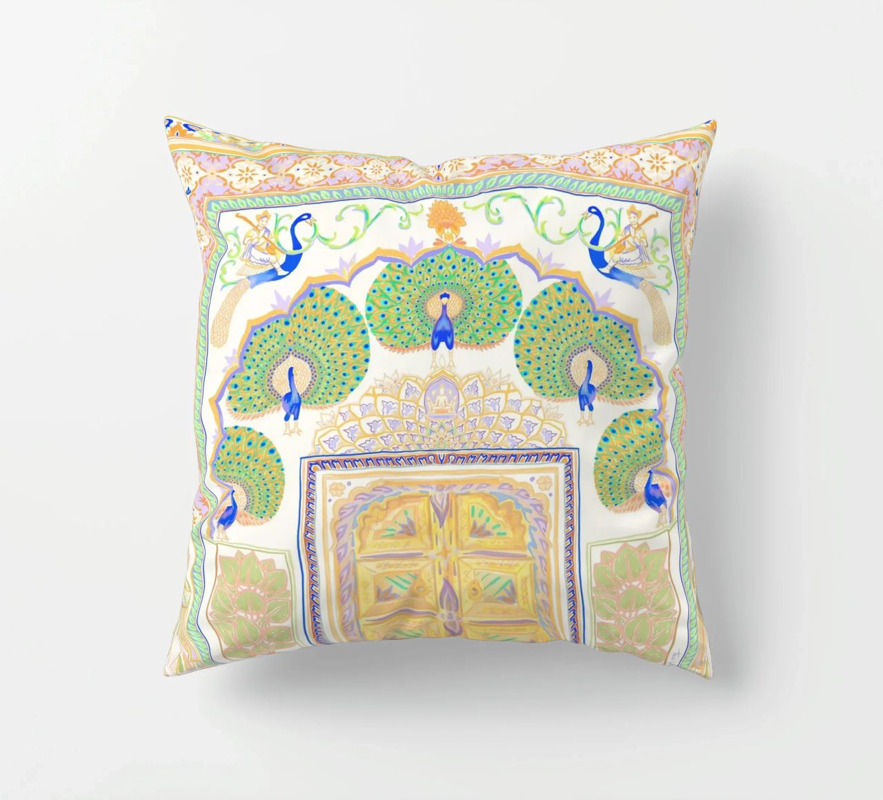 Peacock Gate - Jaipur India, colourful Architecture Doorway decorative cushion by This Wild Soul - Illustration