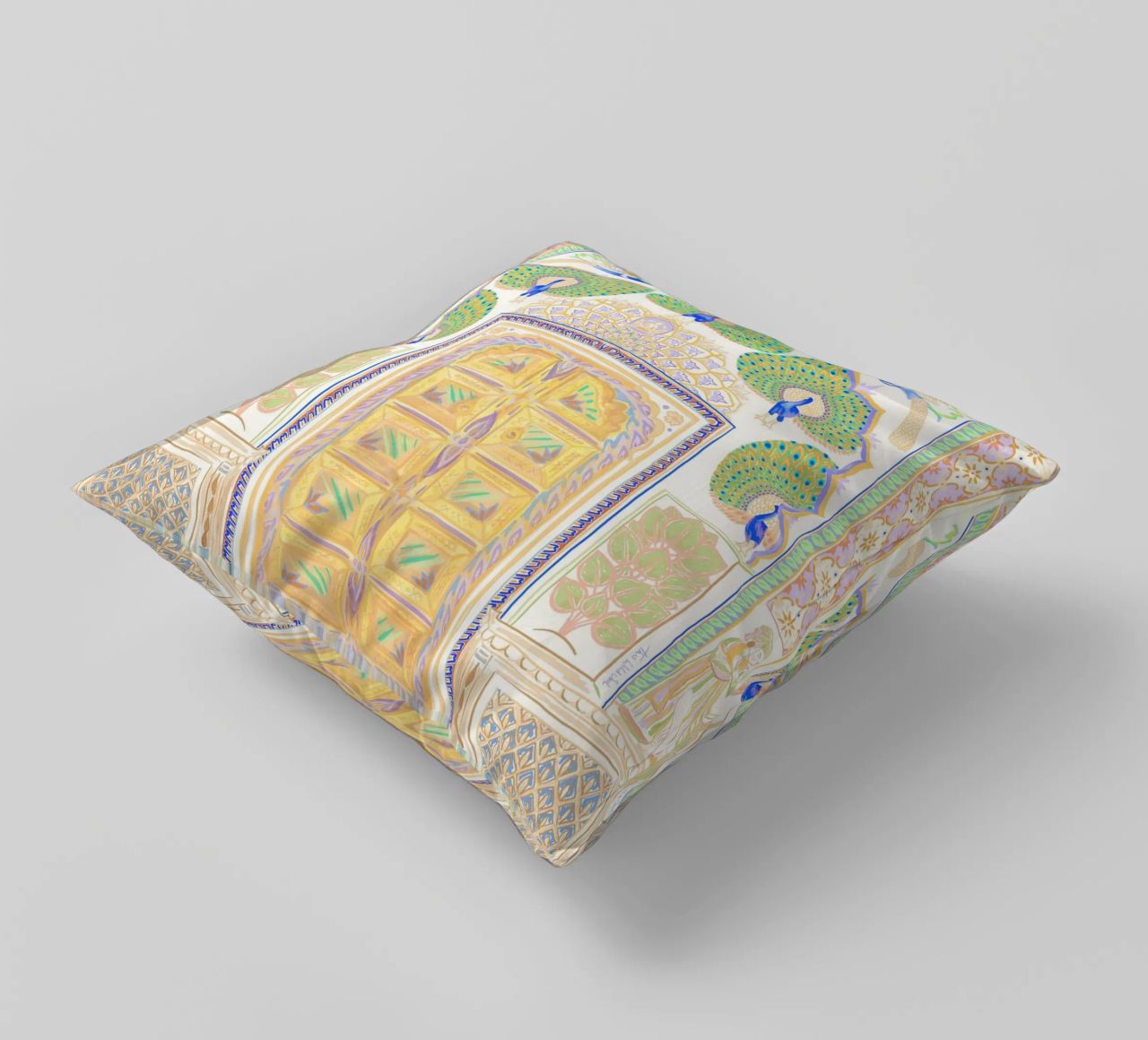 Peacock Gate - Jaipur India, colourful Architecture Doorway decorative cushion by This Wild Soul - Illustration