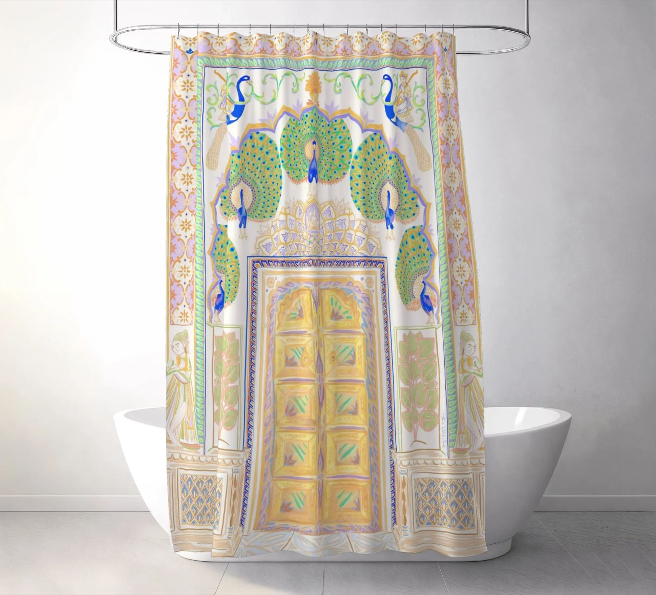 Peacock Gate - Jaipur India, colourful Architecture Doorway shower curtain by This Wild Soul - Illustration
