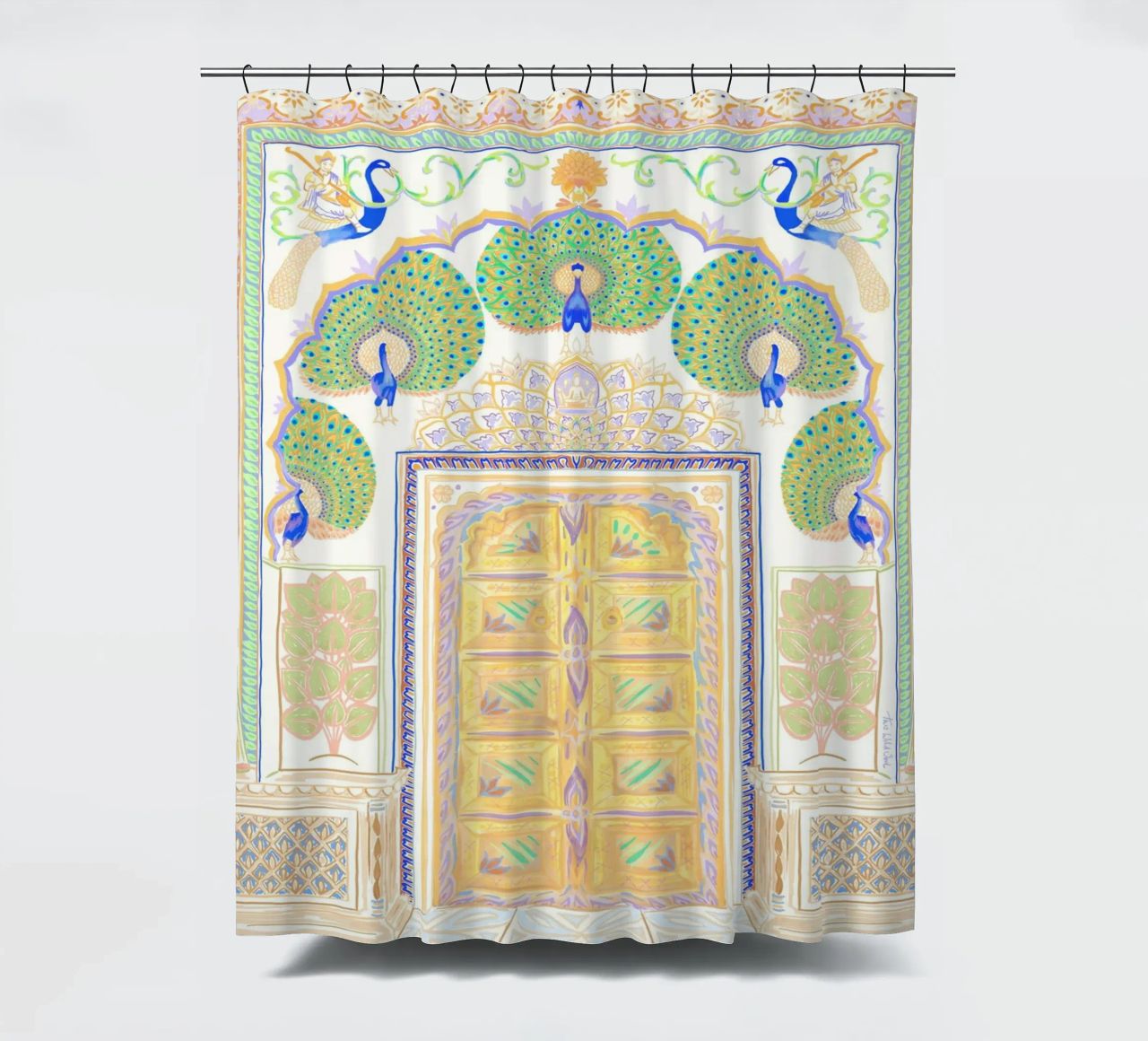 Peacock Gate - Jaipur India, colourful Architecture Doorway shower curtain by This Wild Soul - Illustration
