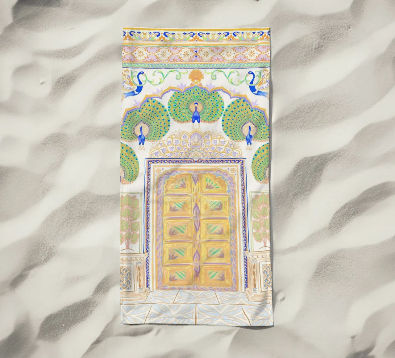 Peacock Gate - Jaipur India, colourful Architecture Doorway beach towel by This Wild Soul - Illustration