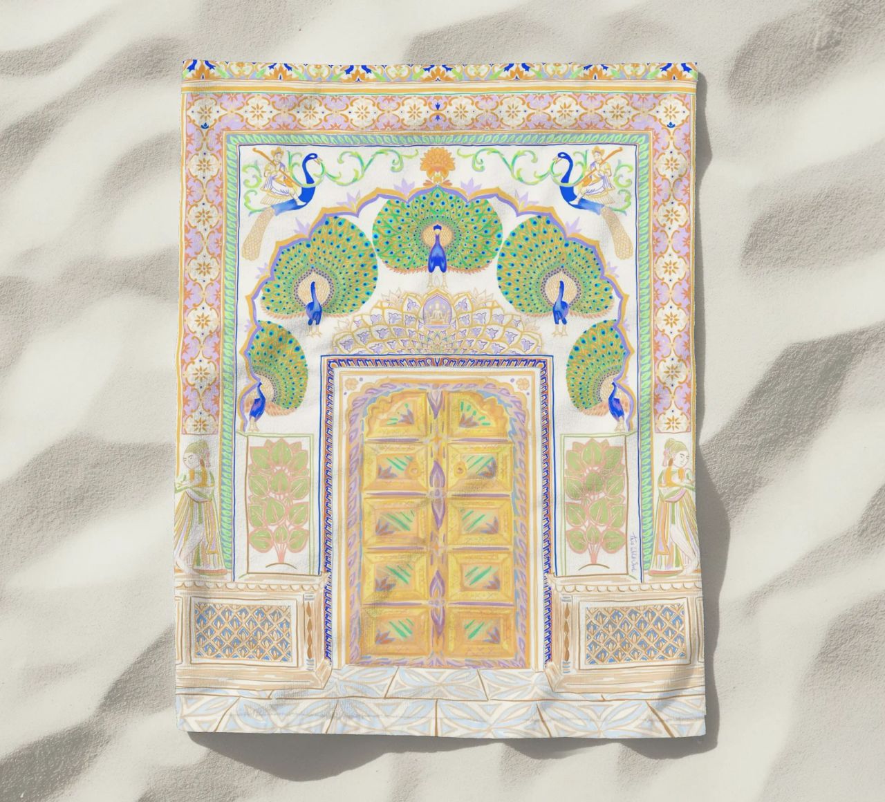 Peacock Gate - Jaipur India, colourful Architecture Doorway beach towel by This Wild Soul - Illustration