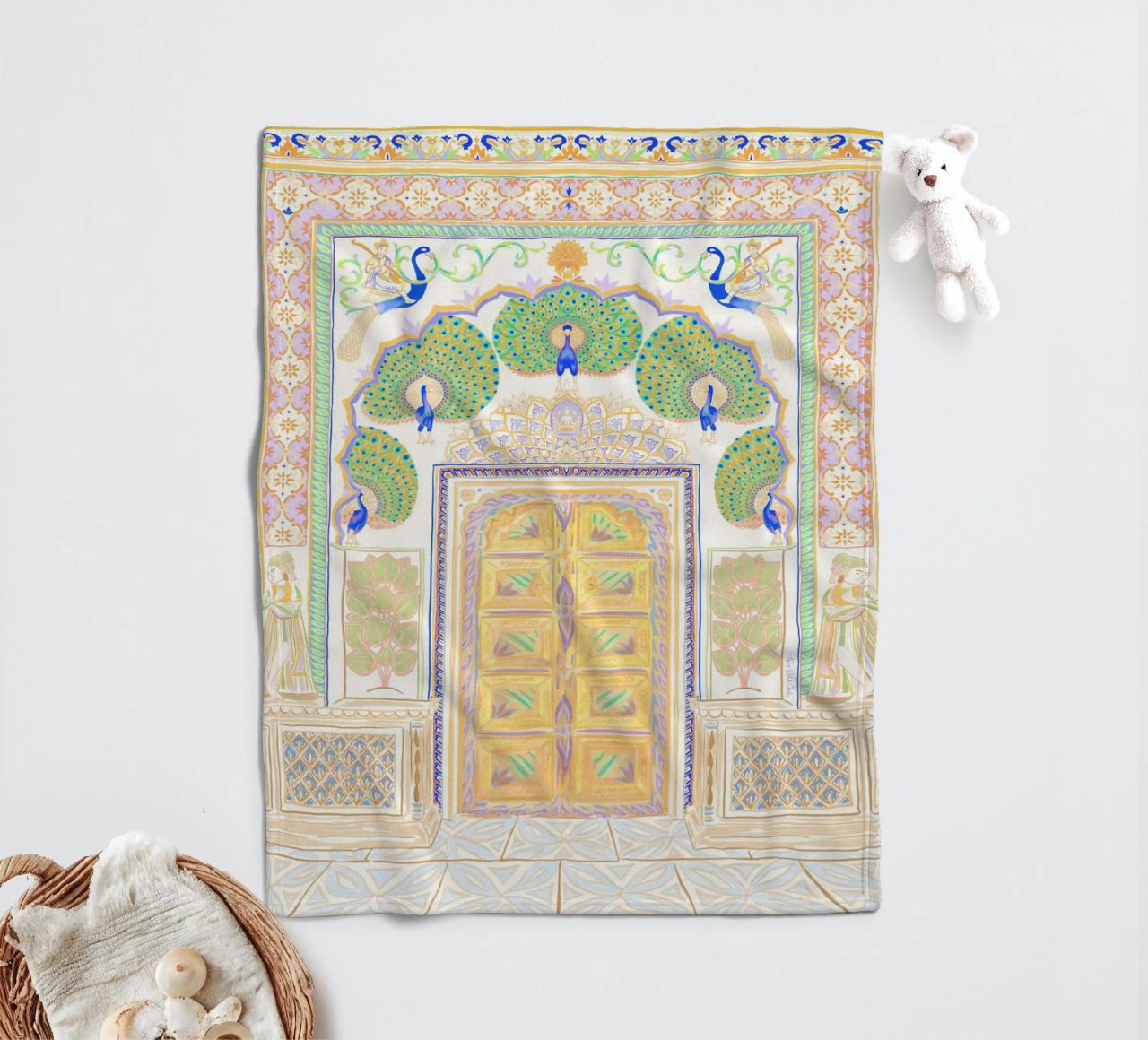 Peacock Gate - Jaipur India, colourful Architecture Doorway fleece blanket by This Wild Soul - Illustration
