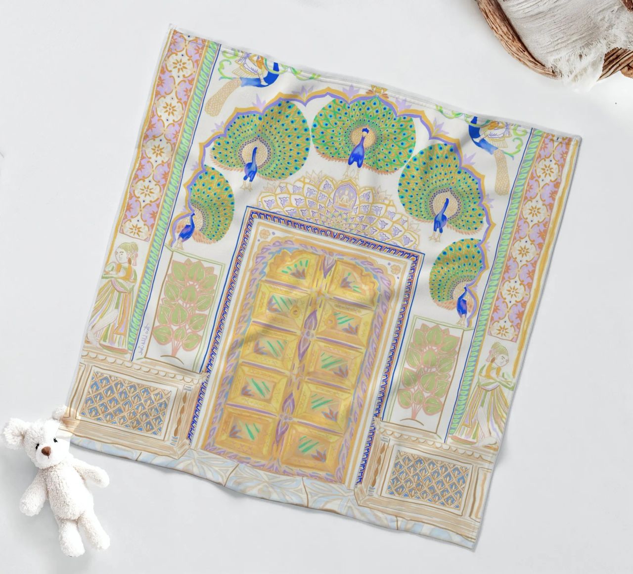 Peacock Gate - Jaipur India, colourful Architecture Doorway fleece blanket by This Wild Soul - Illustration