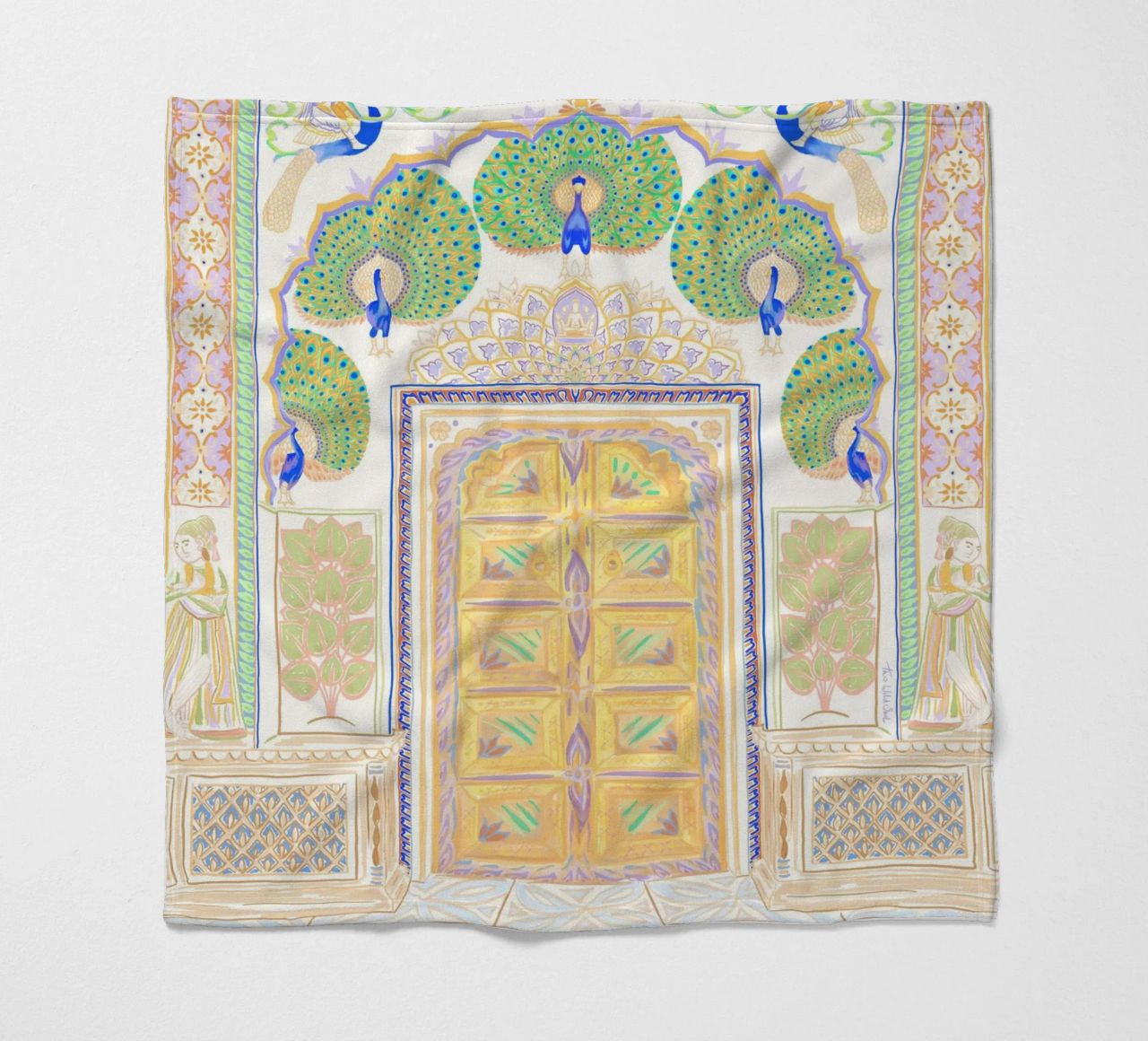 Peacock Gate - Jaipur India, colourful Architecture Doorway fleece blanket by This Wild Soul - Illustration