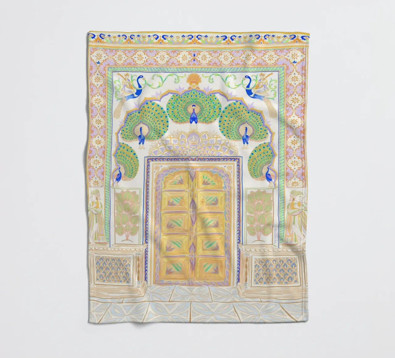 Peacock Gate - Jaipur India, colourful Architecture Doorway fleece blanket by This Wild Soul - Illustration
