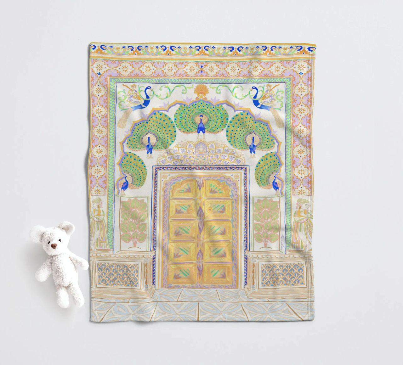 Peacock Gate - Jaipur India, colourful Architecture Doorway fleece blanket by This Wild Soul - Illustration