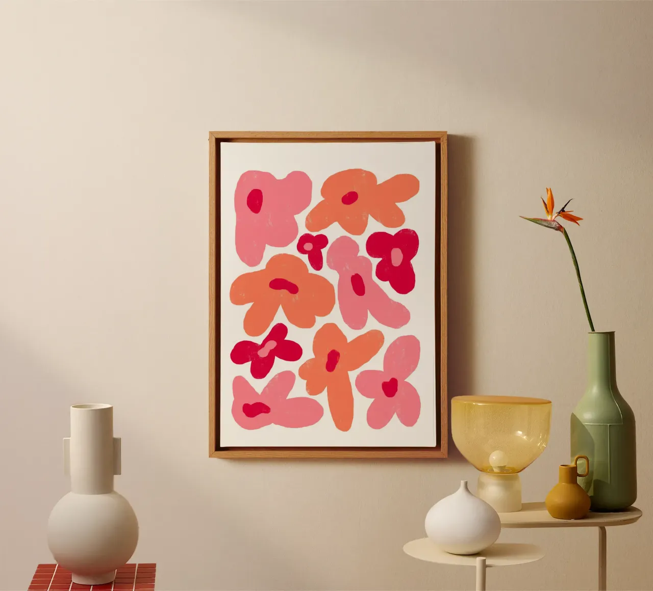Forme floreali astratte e giocose in rosa e arancione tela con Cornice a cassetta da pdigitalprints