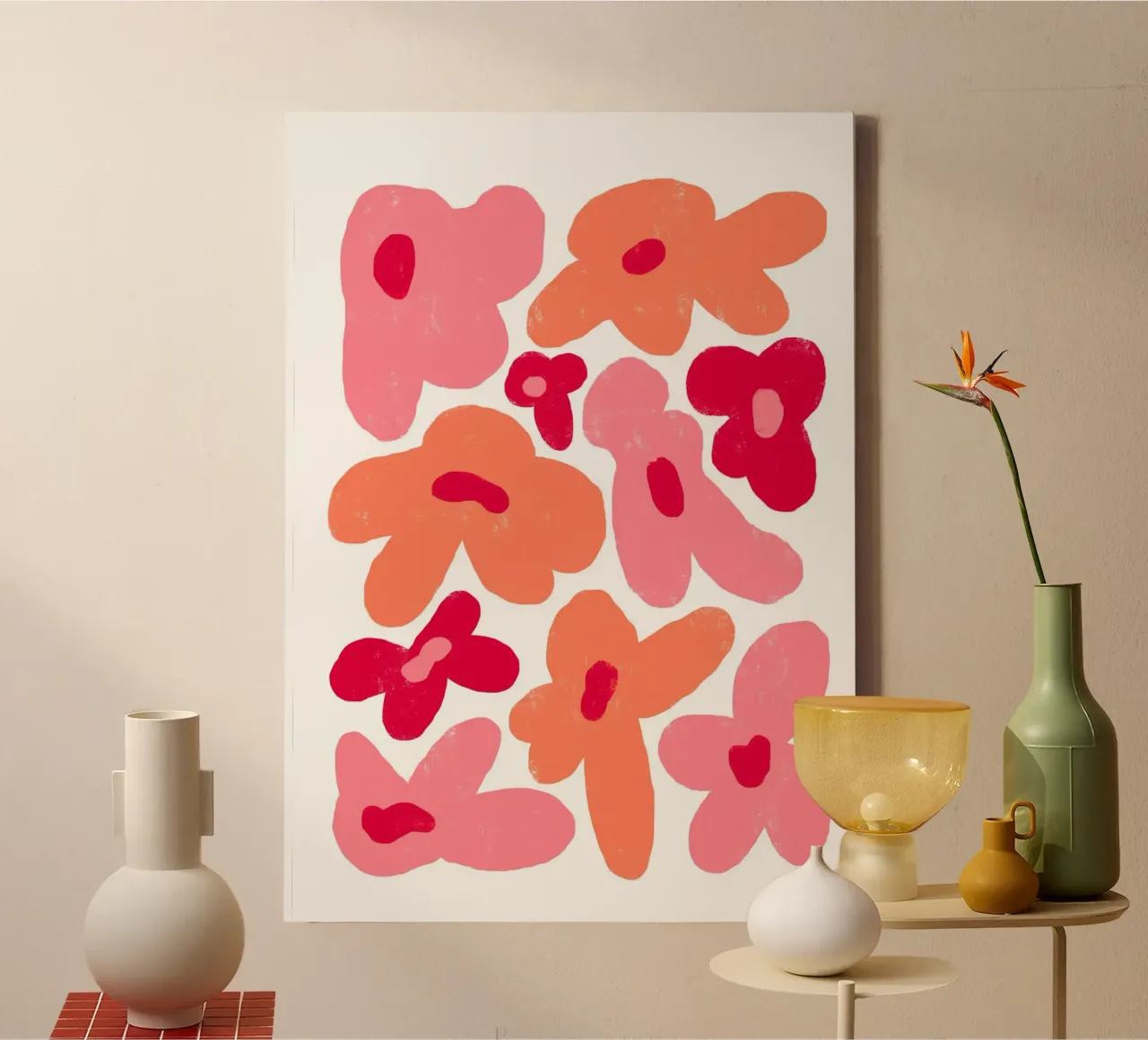 Forme floreali astratte e giocose in rosa e arancione tela con Cornice a cassetta da pdigitalprints