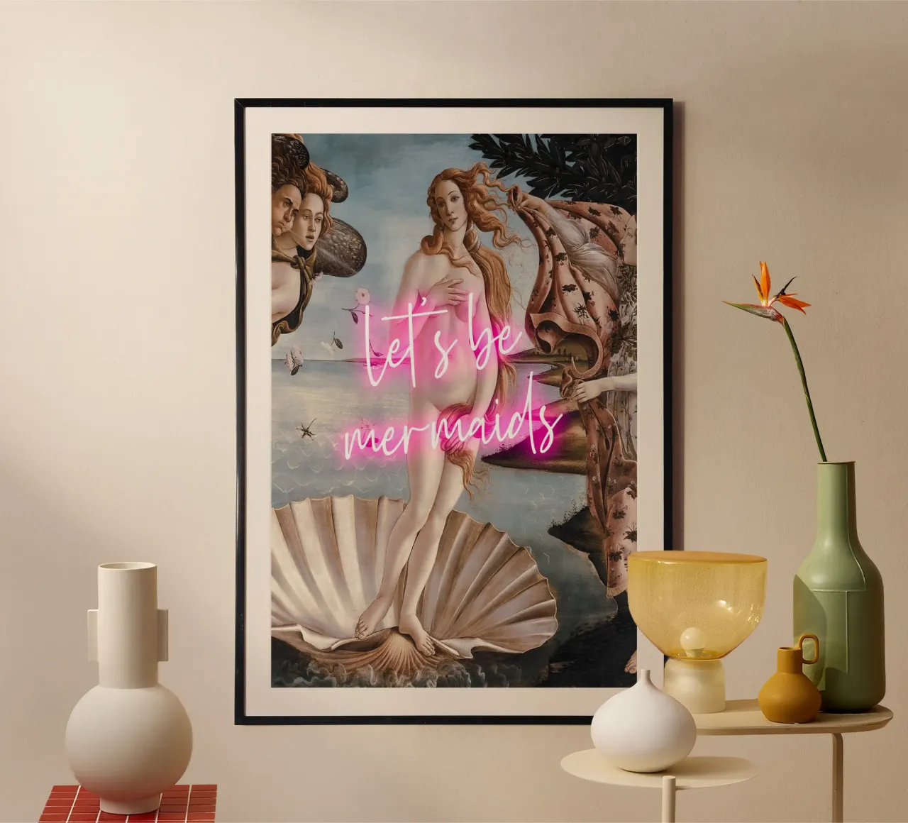 Let's Be Mermaids Venus Neon Art poster con telaio in plastica da GraceDigitalArtCo