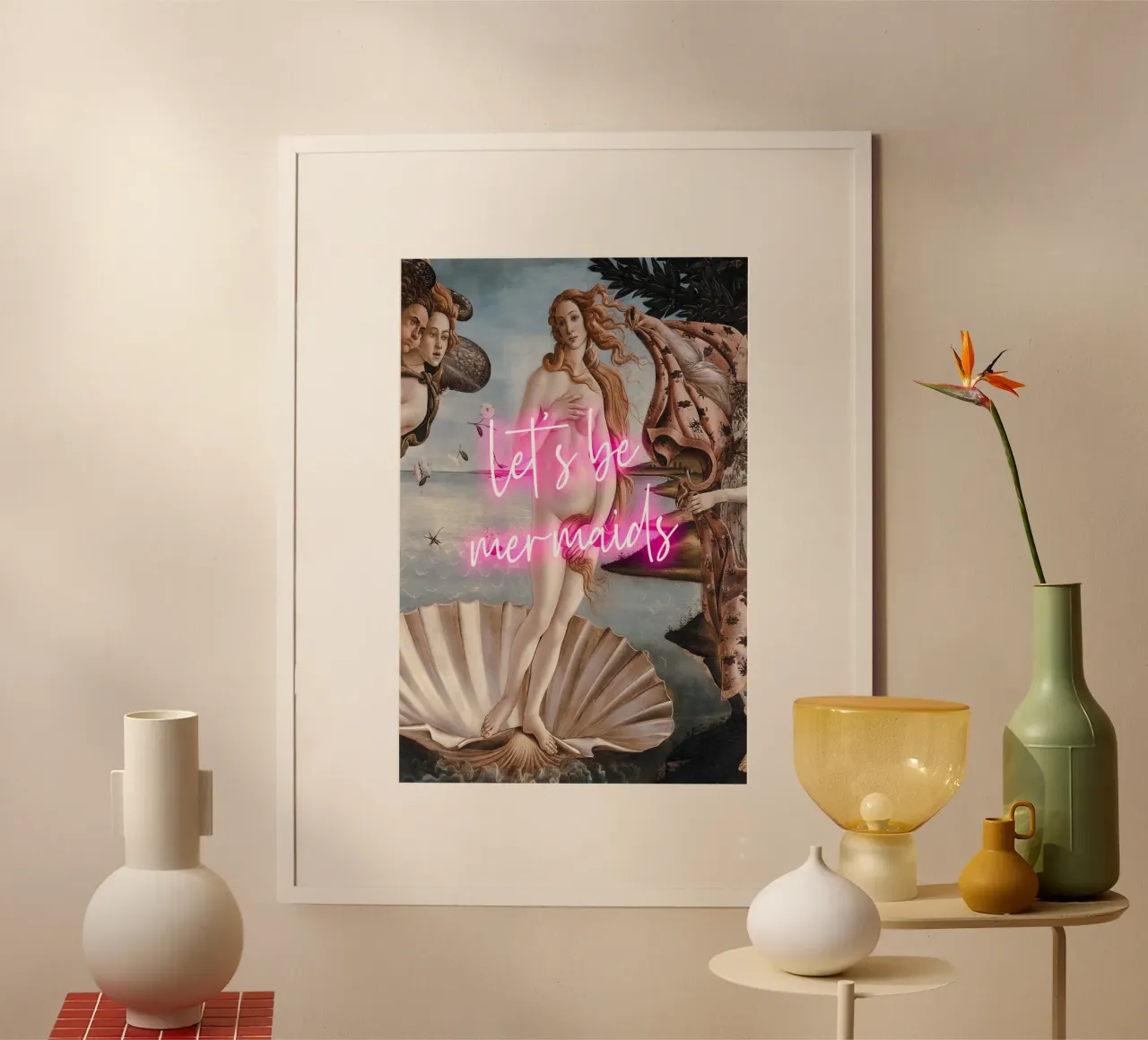 Let's Be Mermaids Venus Neon Art poster con telaio in plastica da GraceDigitalArtCo