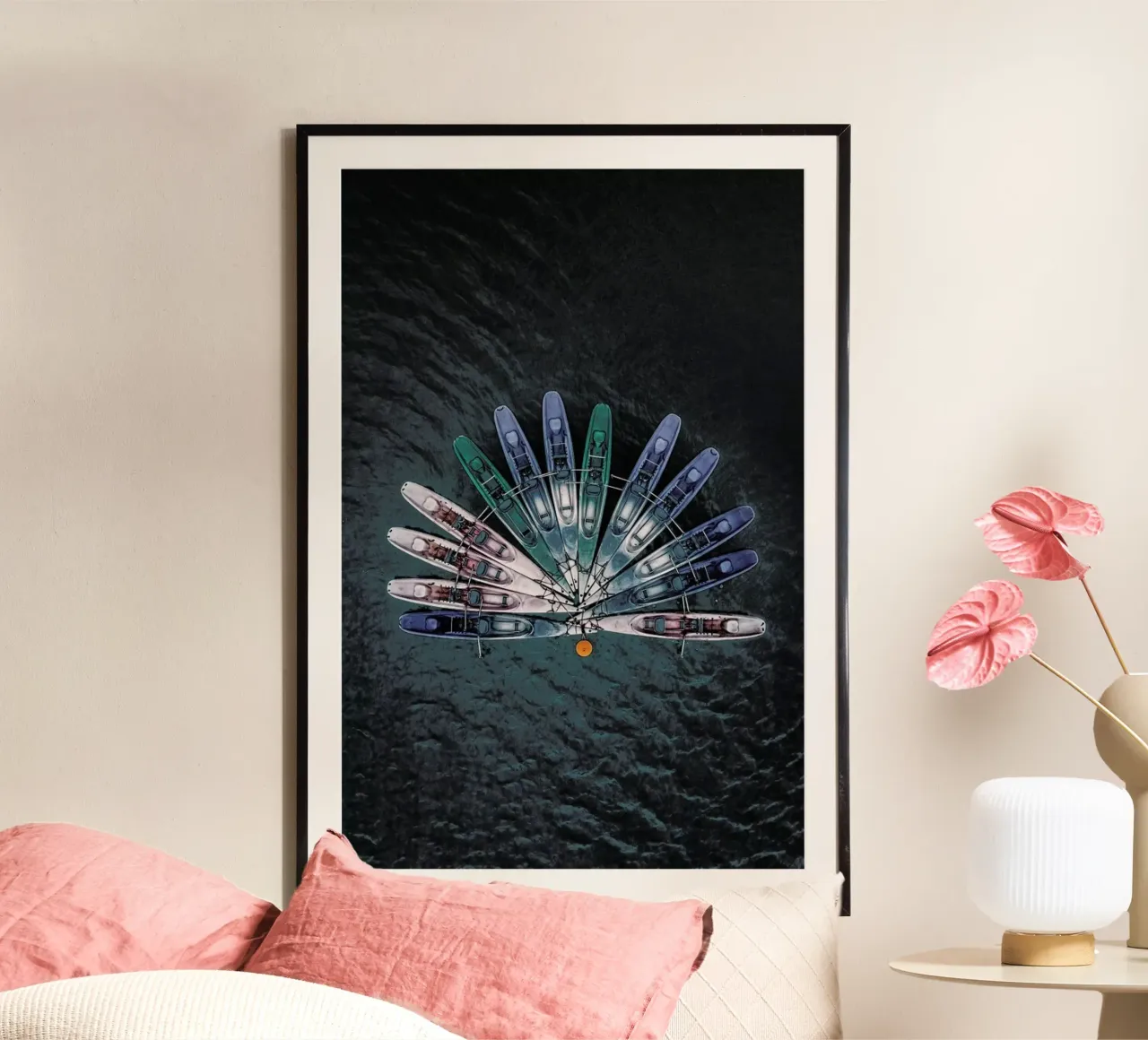 Boats in Fan Formation poster with wooden frame by METROPOLIS