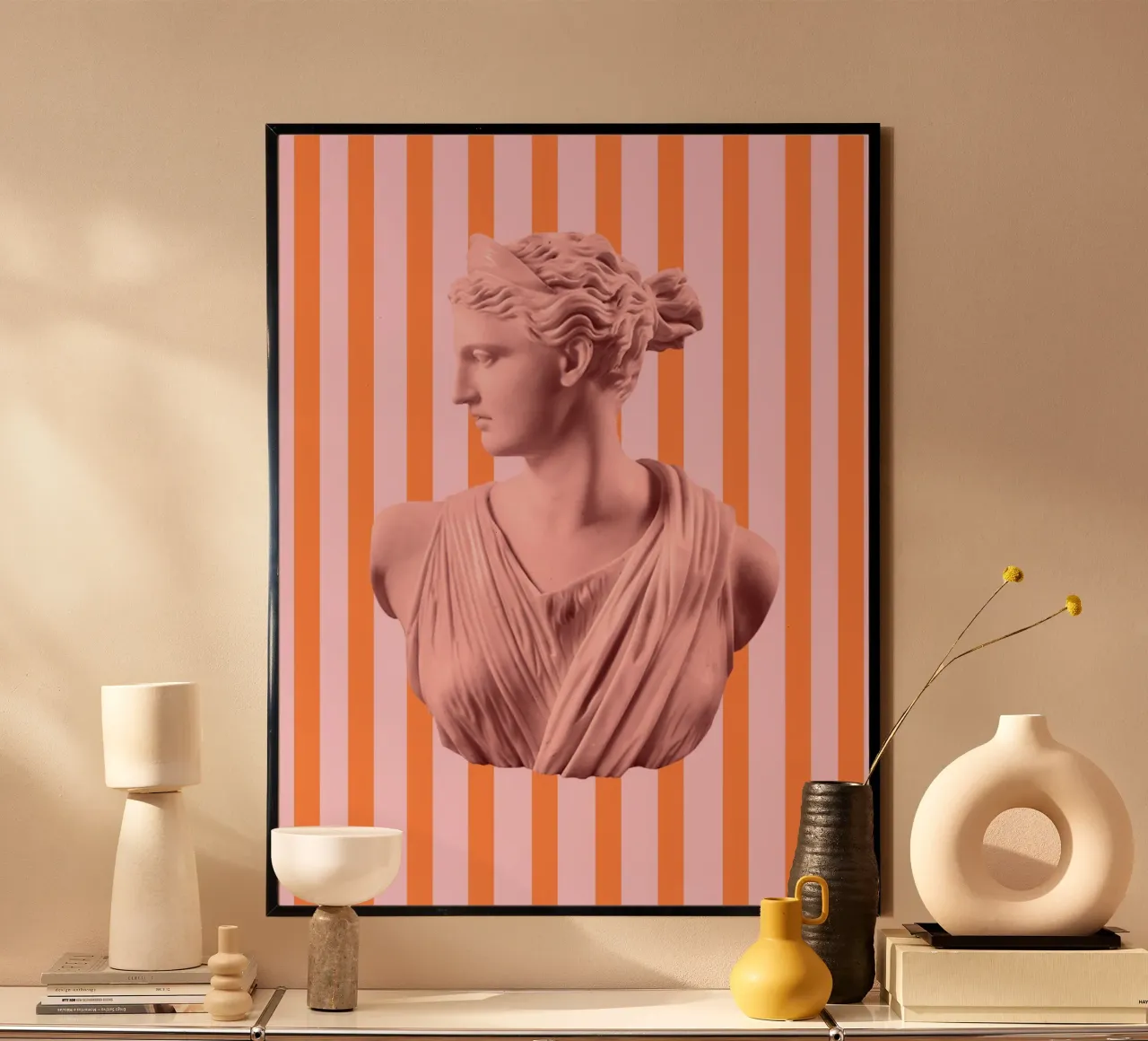 Artemis Goddess on Pink and Orange Stripes poster con telaio in plastica da GraceDigitalArtCo