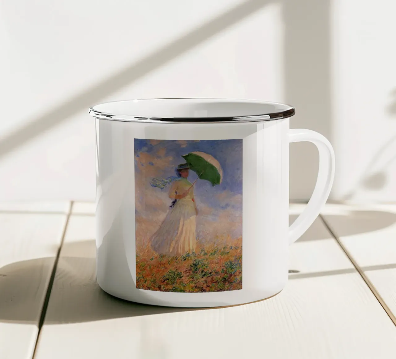 vrouw paraplu zonlicht overdag claude monet emaille mok van belong shop