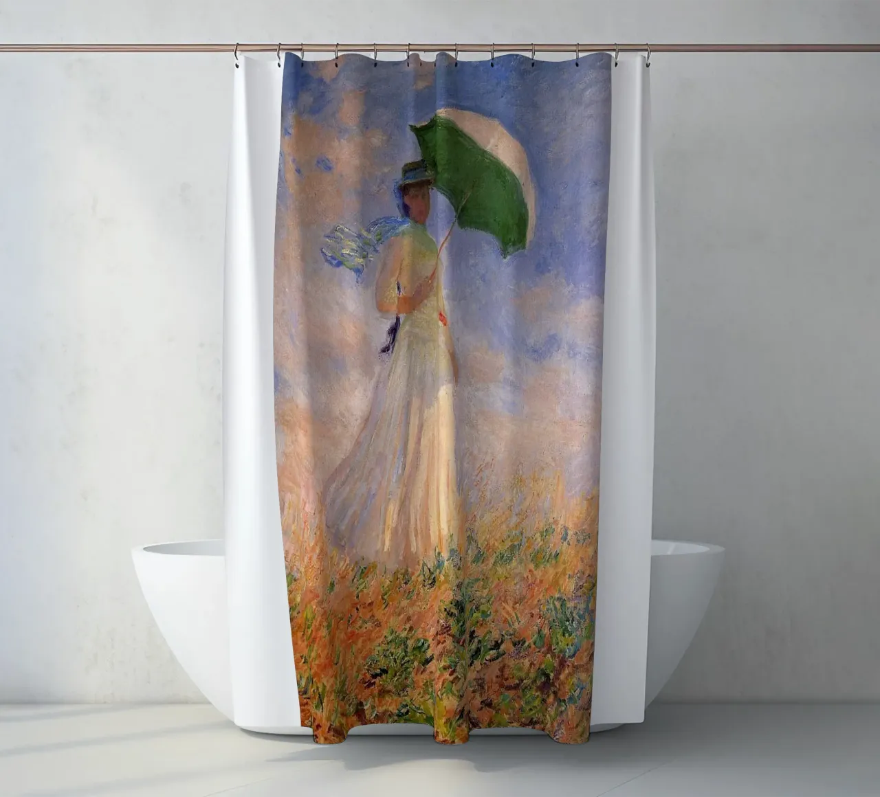 vrouw paraplu zonlicht overdag claude monet douchegordijn van belong shop