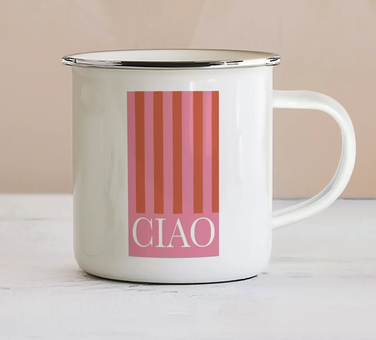 Ciao Pink and Red Stripes tazza in smalto da GraceDigitalArtCo