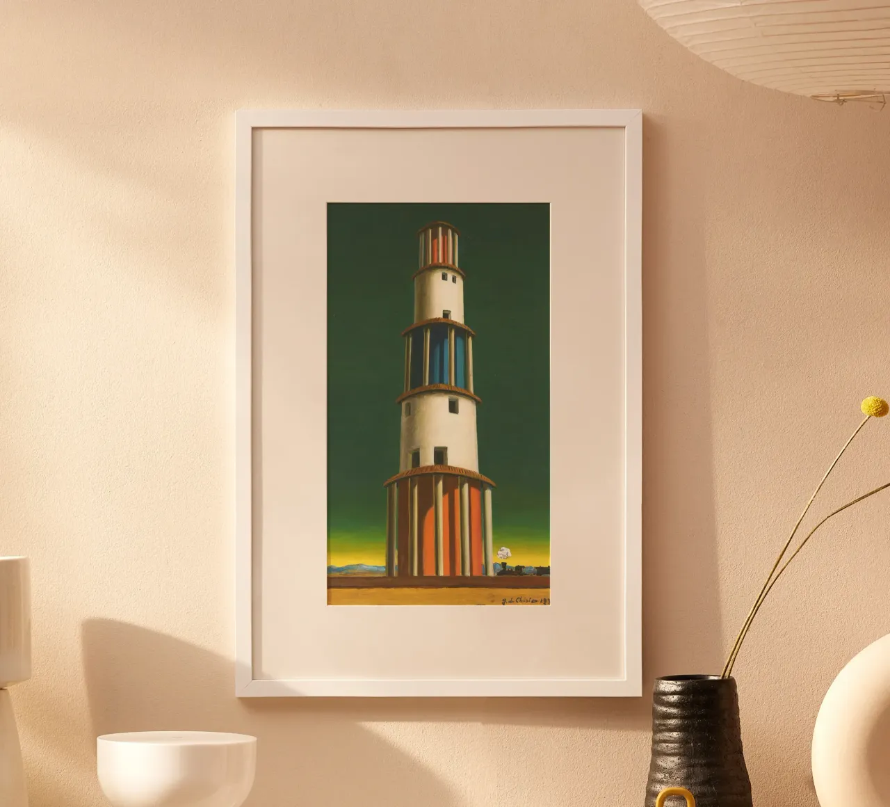 La Torre e il Treno by Giorgio de Chirico poster con telaio in alluminio da Classic Art Prints
