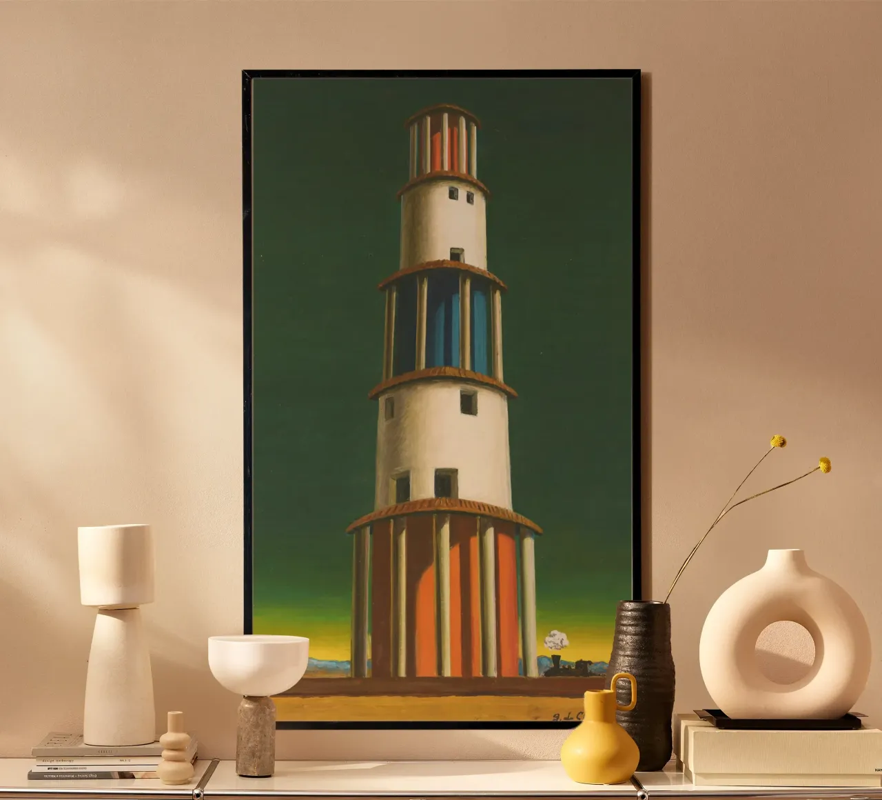 La Torre e il Treno by Giorgio de Chirico poster con telaio in alluminio da Classic Art Prints