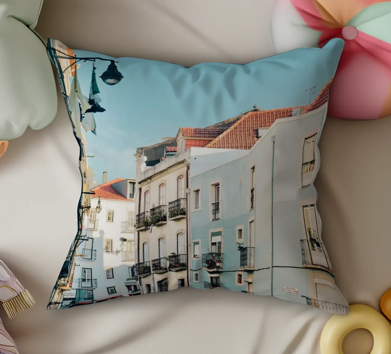 Street Citiscape in Lisbon decorative cushion by KISSA STUDIO