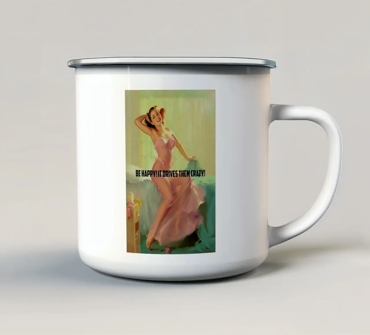 Be Happy! tazza in smalto da Gallery Print and Art Limited