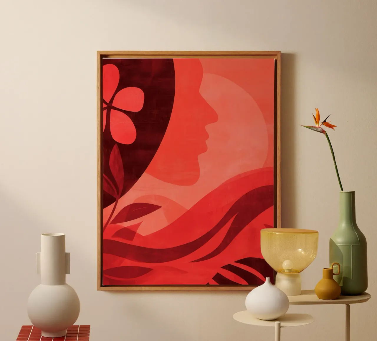 Frau in Rot | Feminine abstrakte Eleganz Leinwand mit Schattenfugenrahmen von Autofocus