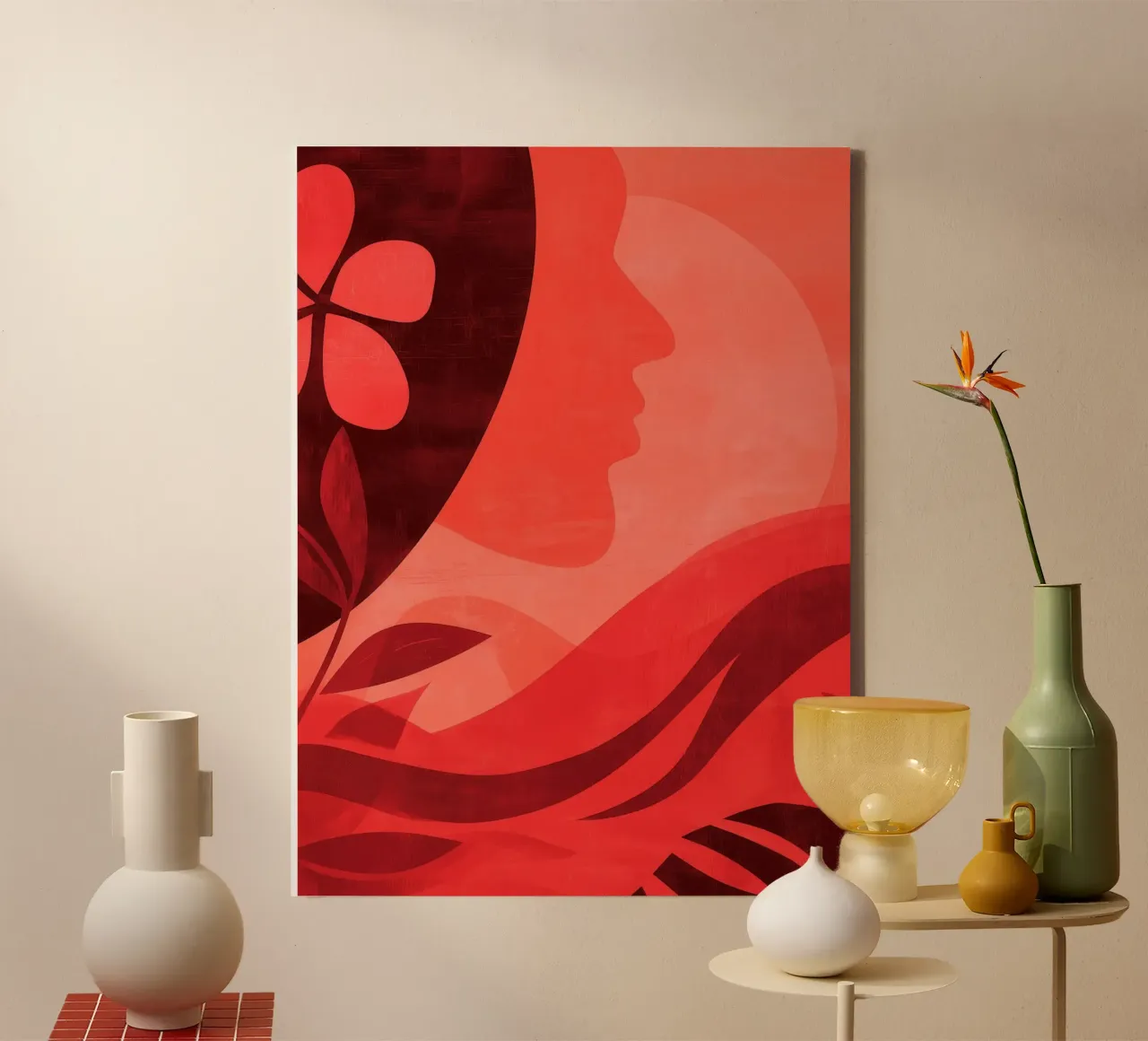 Frau in Rot | Feminine abstrakte Eleganz Leinwand mit Schattenfugenrahmen von Autofocus