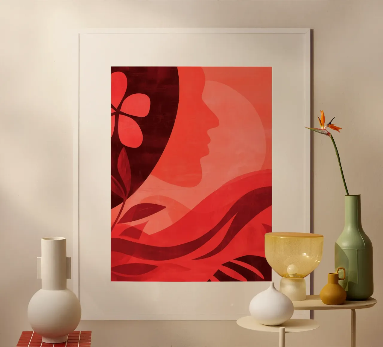 Vrouw in rood | Vrouwelijke abstracte elegantie poster met kunststof frame van Autofocus