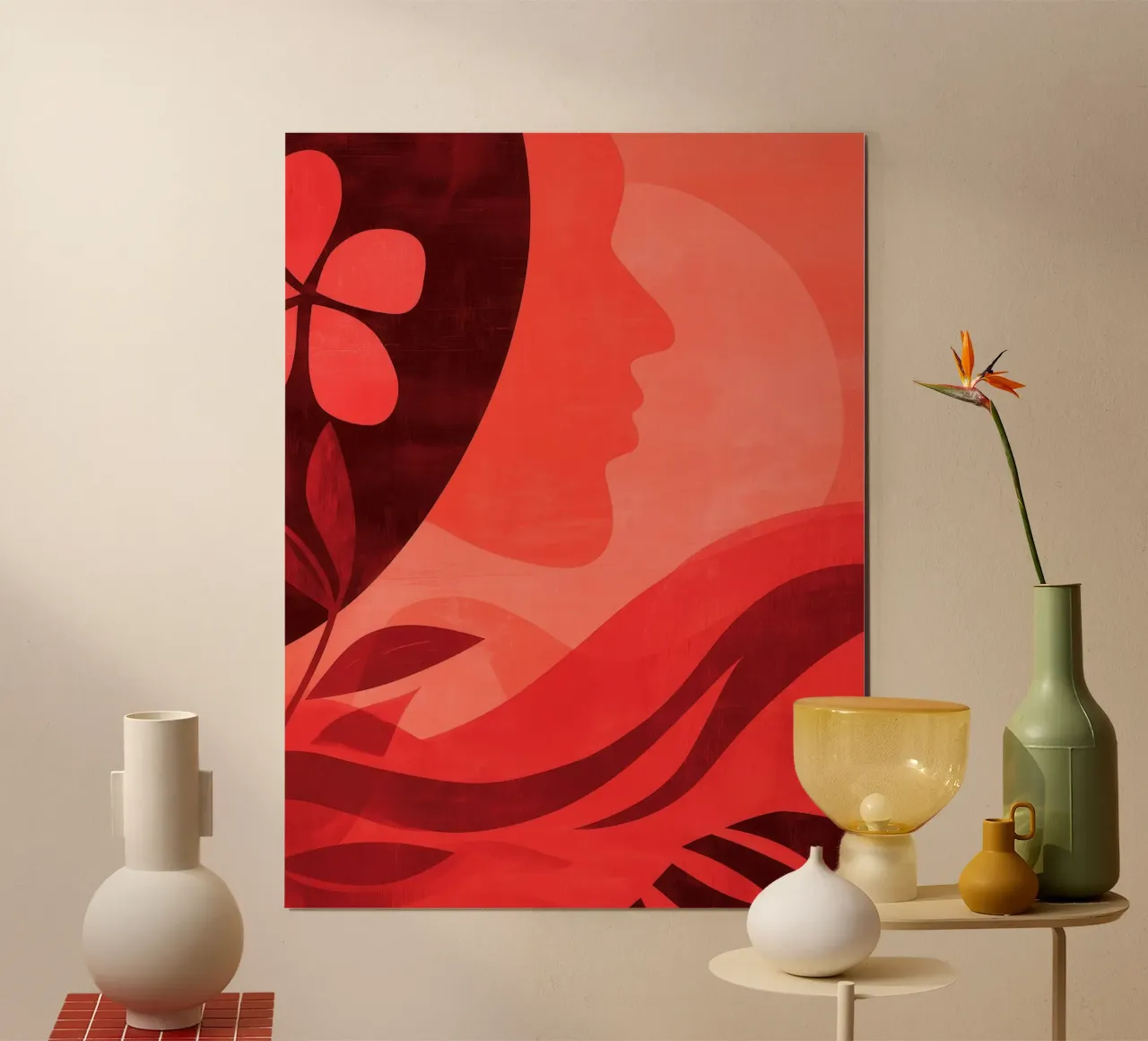 Vrouw in rood | Vrouwelijke abstracte elegantie poster met kunststof frame van Autofocus