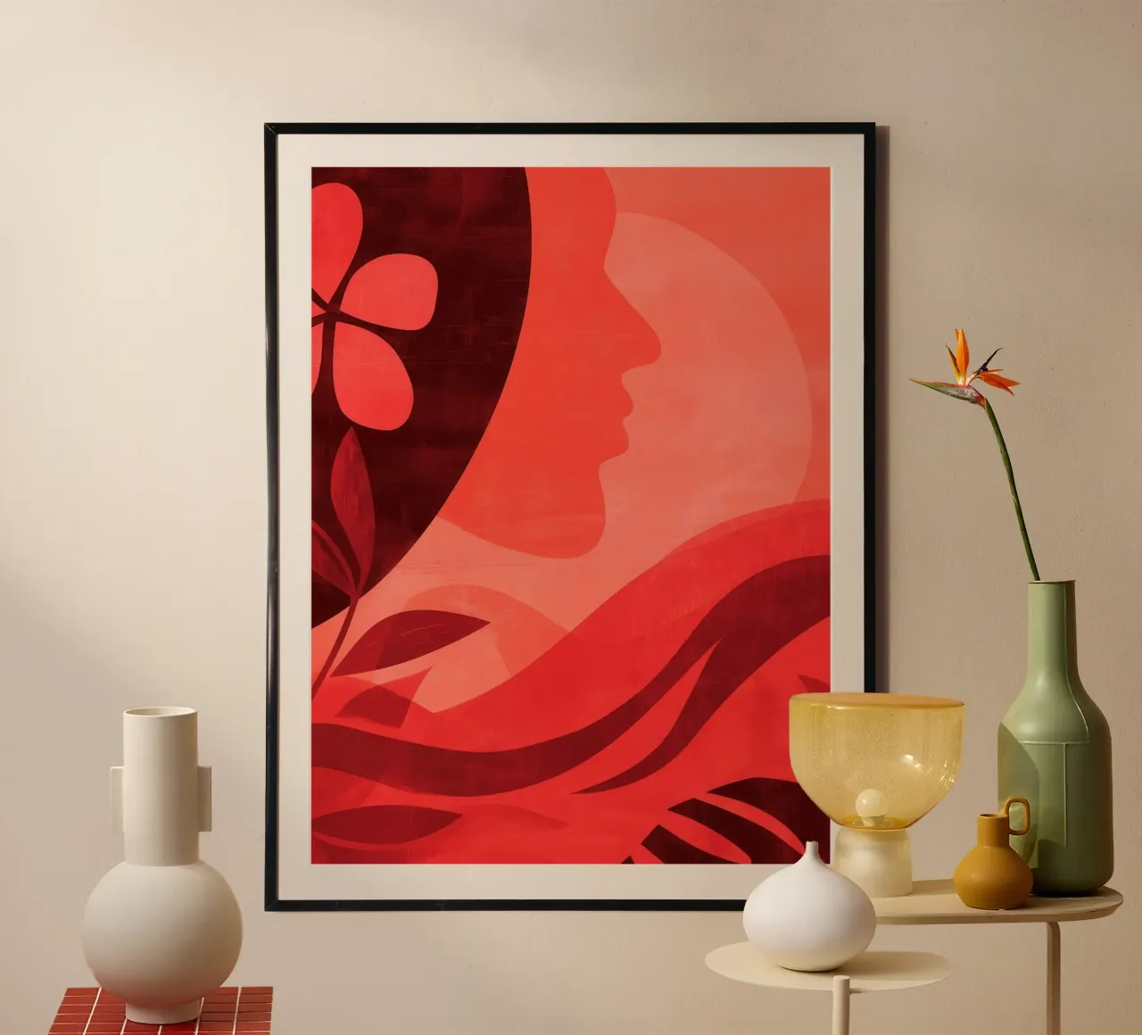Vrouw in rood | Vrouwelijke abstracte elegantie poster met kunststof frame van Autofocus