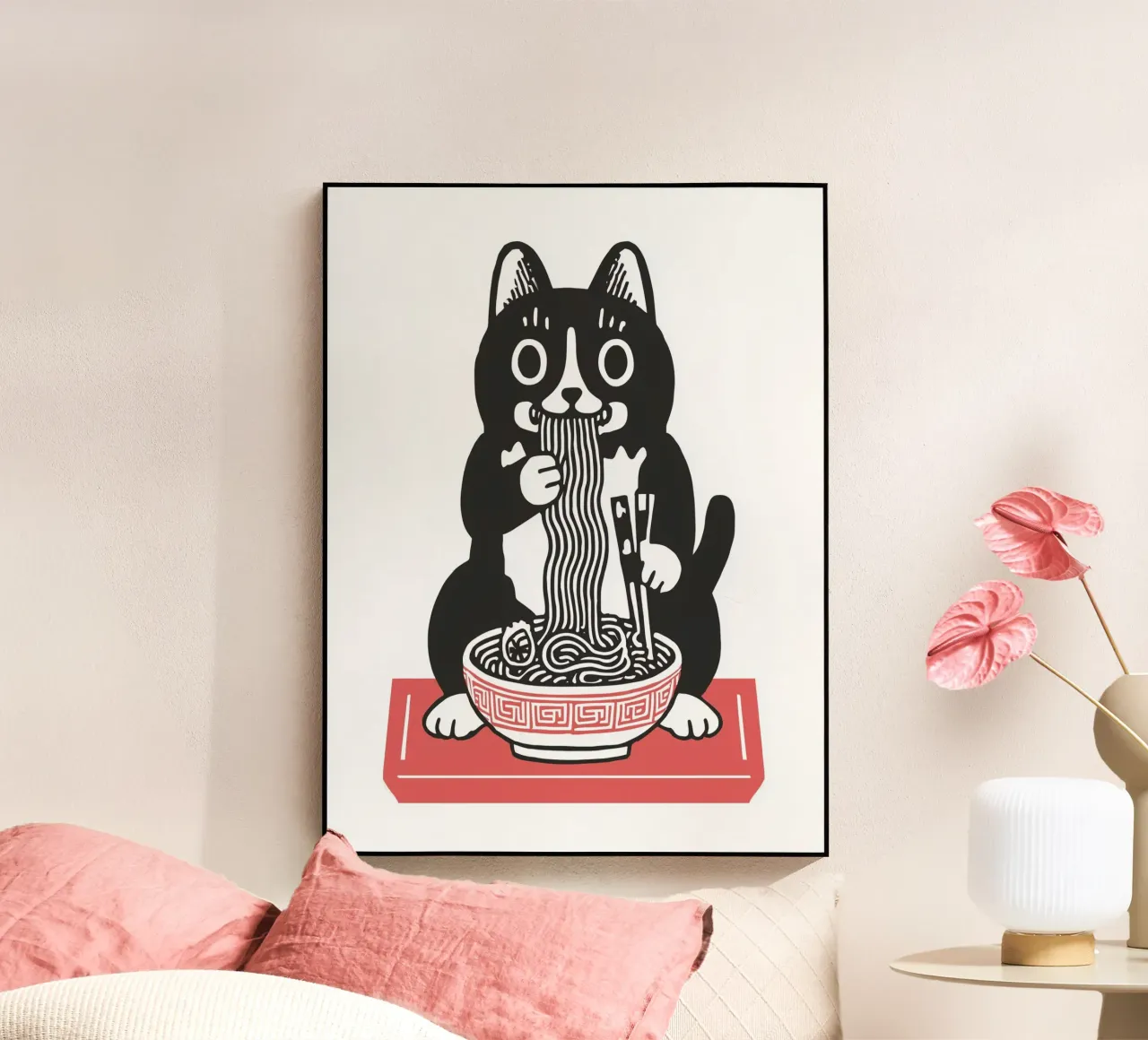 Hund oder Katze? Lustiges Haustier isst Nudeln - Japanisches Essen Wandkunst Acryl-Glas von Kaji