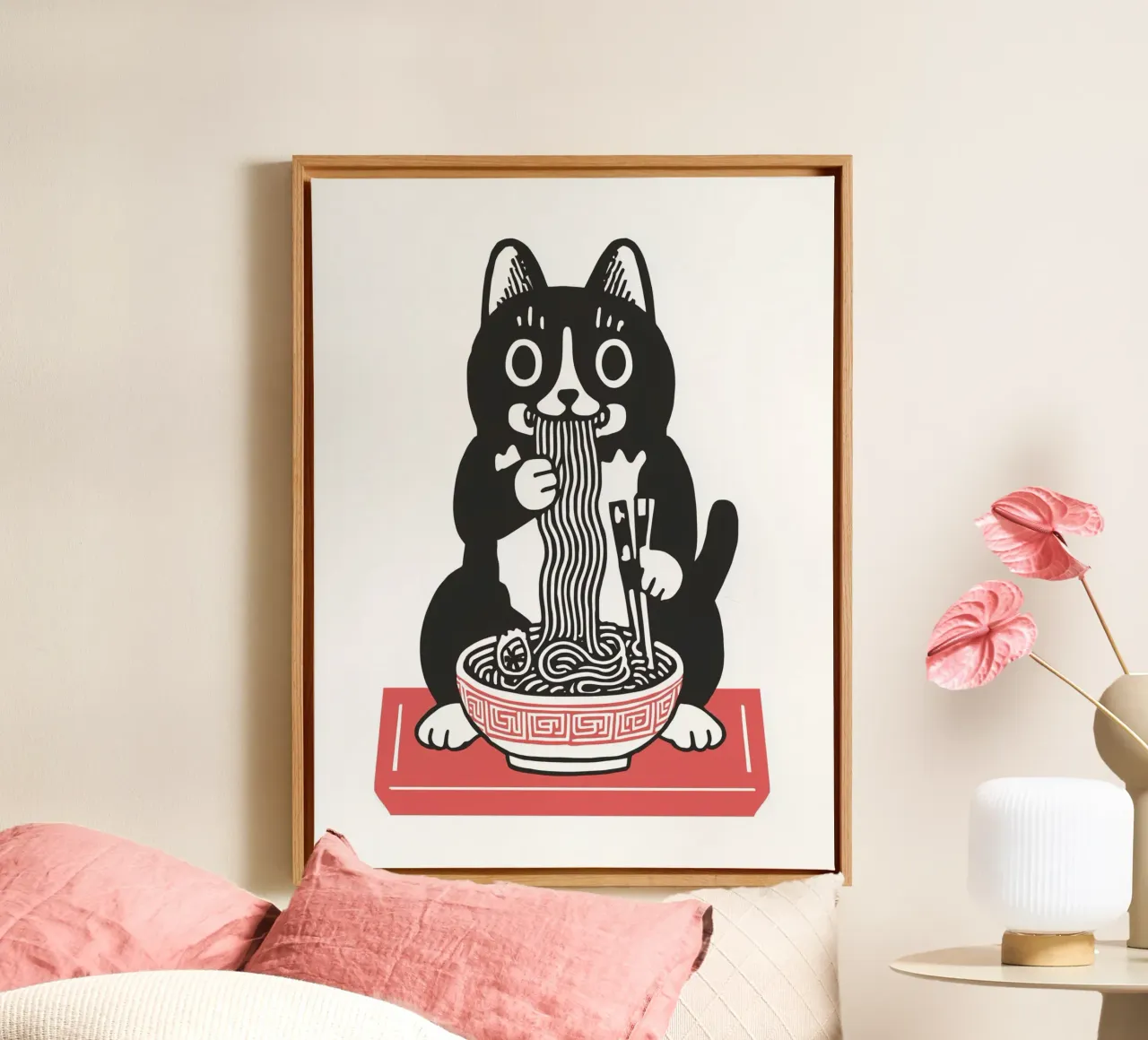 Hond of Kat? Grappig huisdier eet noedels - Japans Voedsel Muurkunstwerk canvas met Baklijst van Kaji