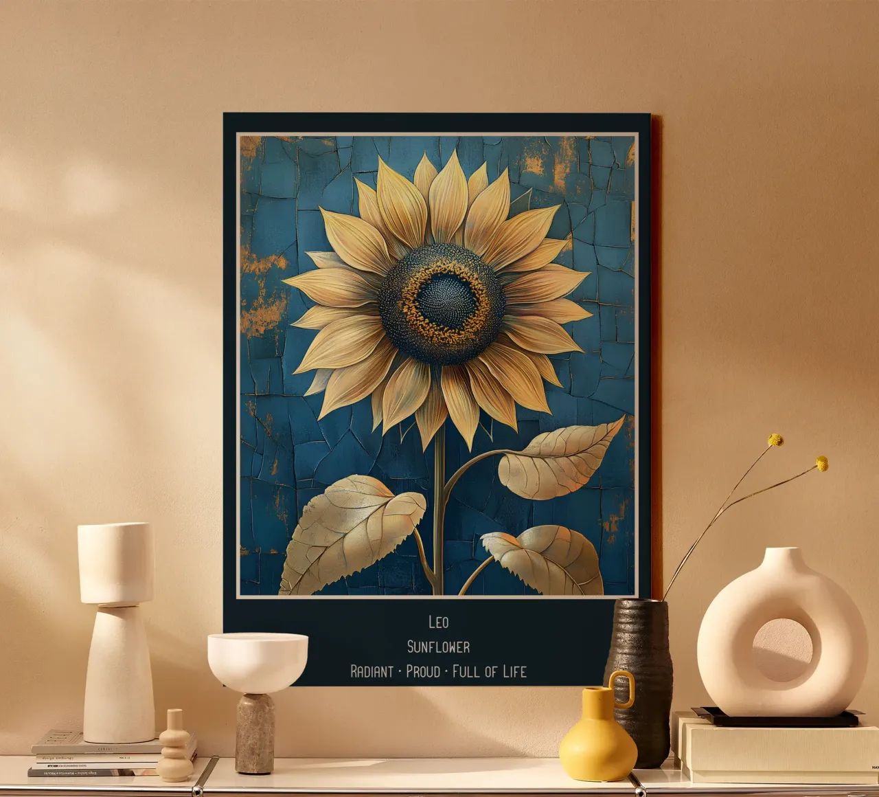 Las flores de los signos del zodiaco: Leo - Girasol lienzo con Marco flotante de Art-Nouveau-Dsg