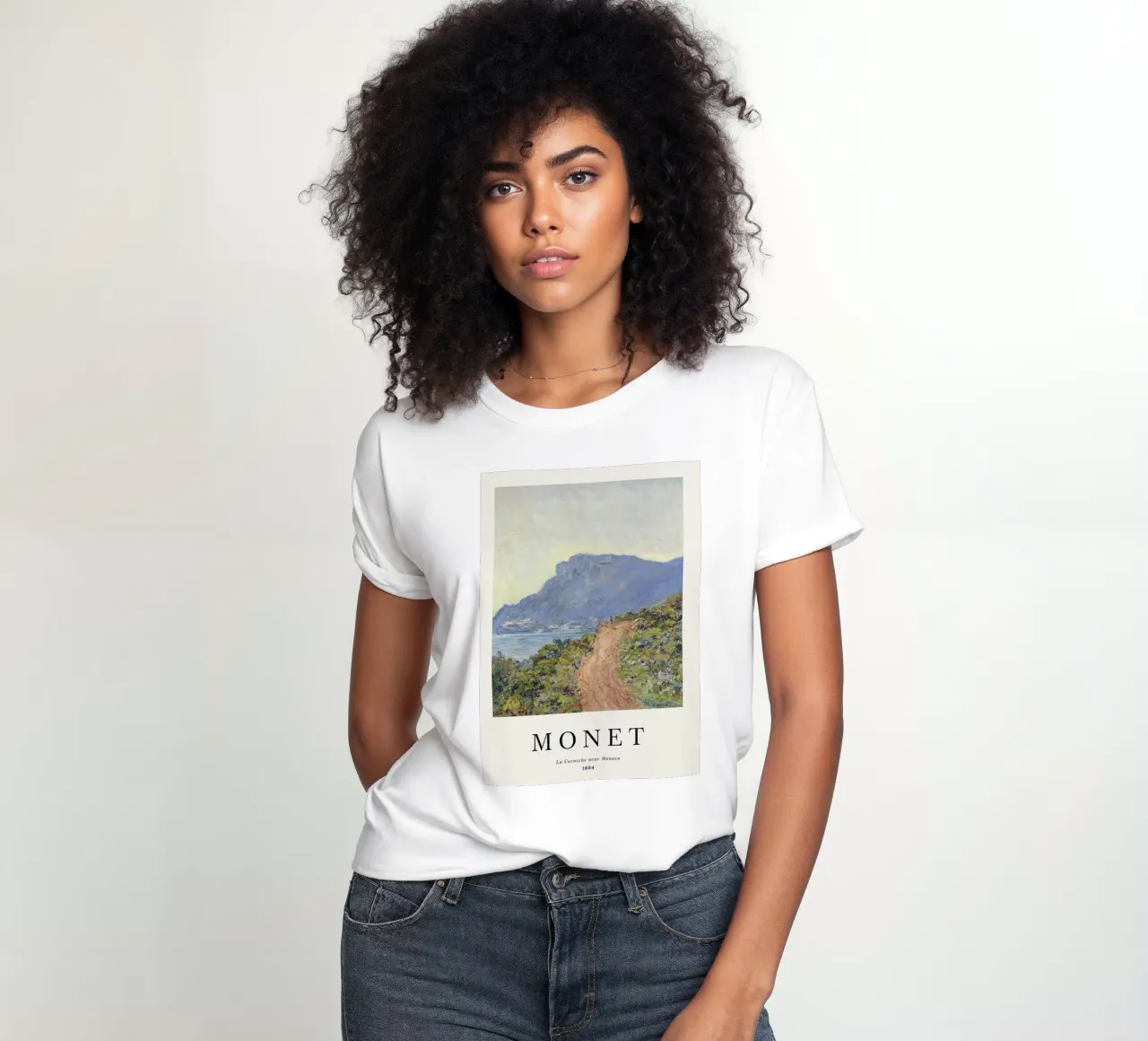 peaceful mountain beach claude monet women's fitted t-shirt by belong shop
