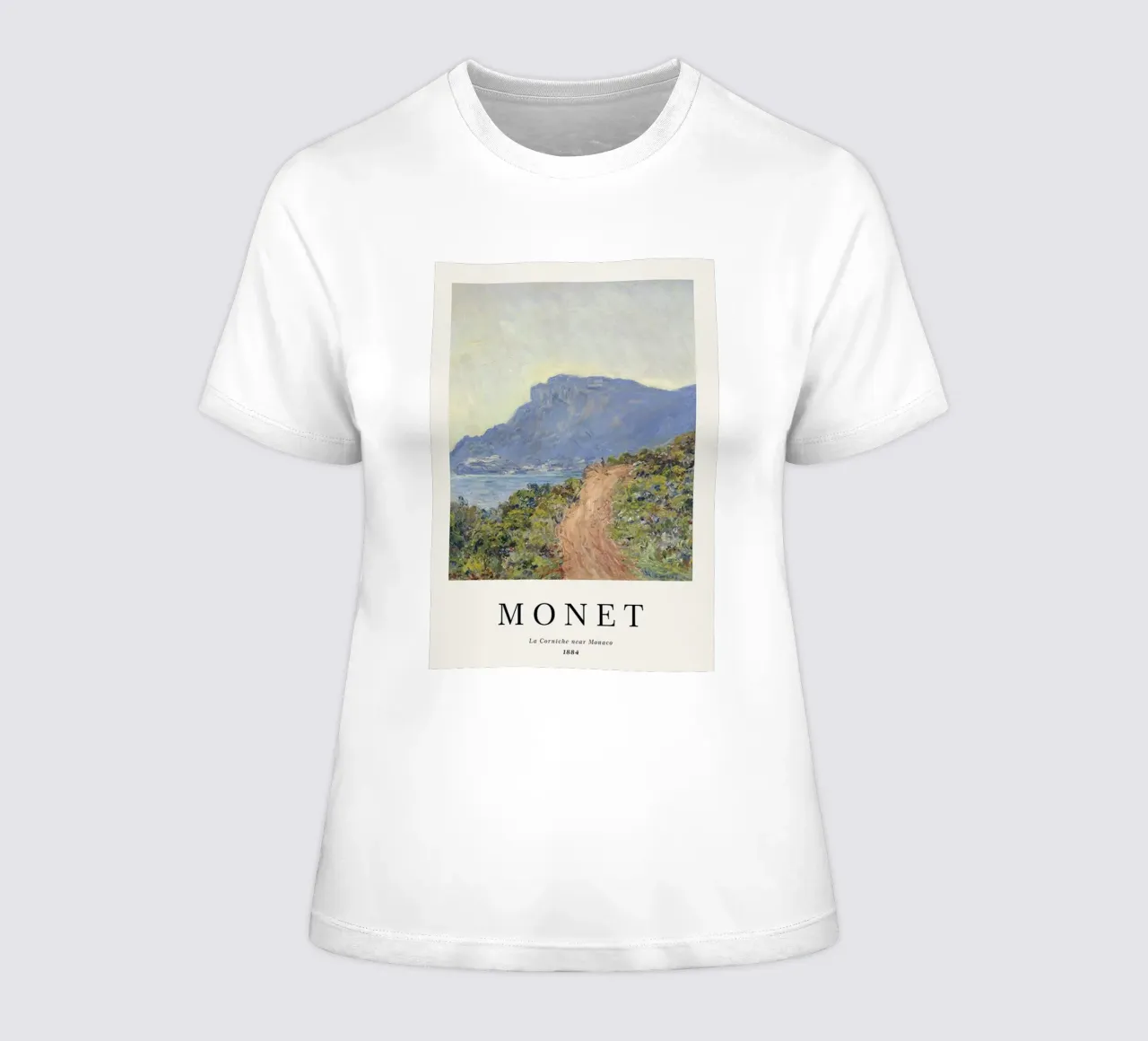 peaceful mountain beach claude monet women's fitted t-shirt by belong shop