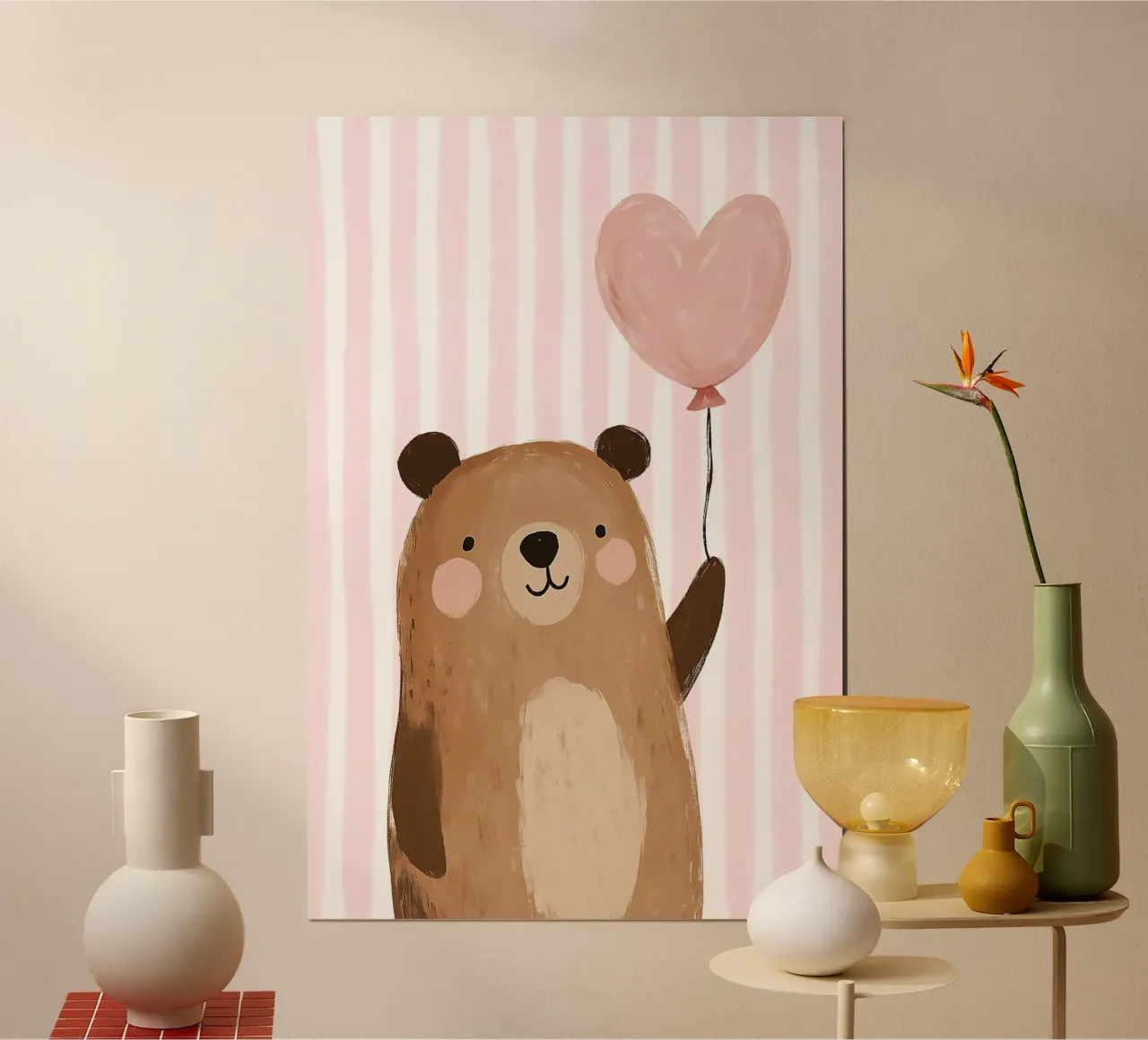 Orsetto carino con palloncino, stampa per la cameretta dei bambini poster con telaio in plastica da Little Lola