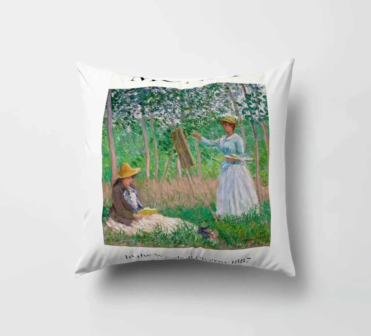 donna che dipinge persone nella foresta claude monet cuscino da belong shop