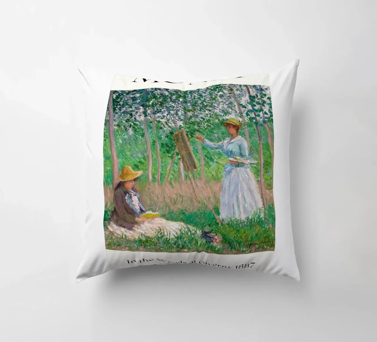 donna che dipinge persone nella foresta claude monet cuscino da belong shop