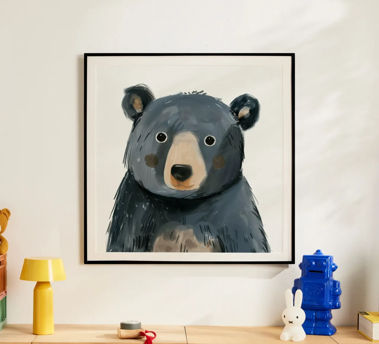 Illustrazione stilizzata di un cucciolo di orso grigio-blu scuro poster con telaio in plastica da DesignDoodle