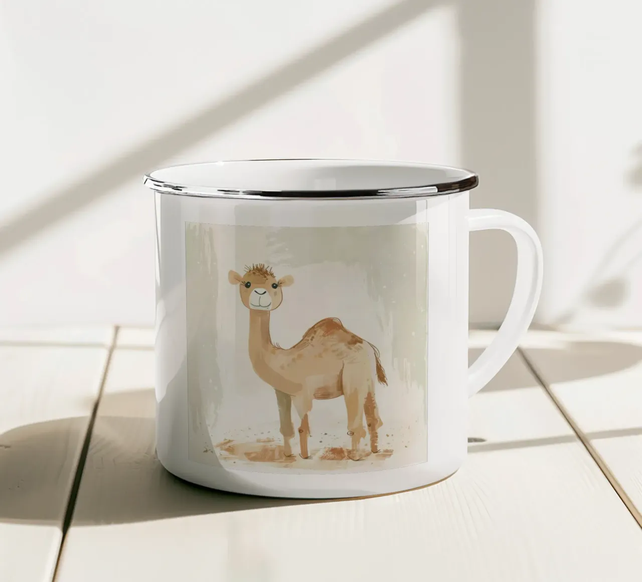 Illustrazione stilizzata di un cammello dromedario tazza in smalto da DesignDoodle
